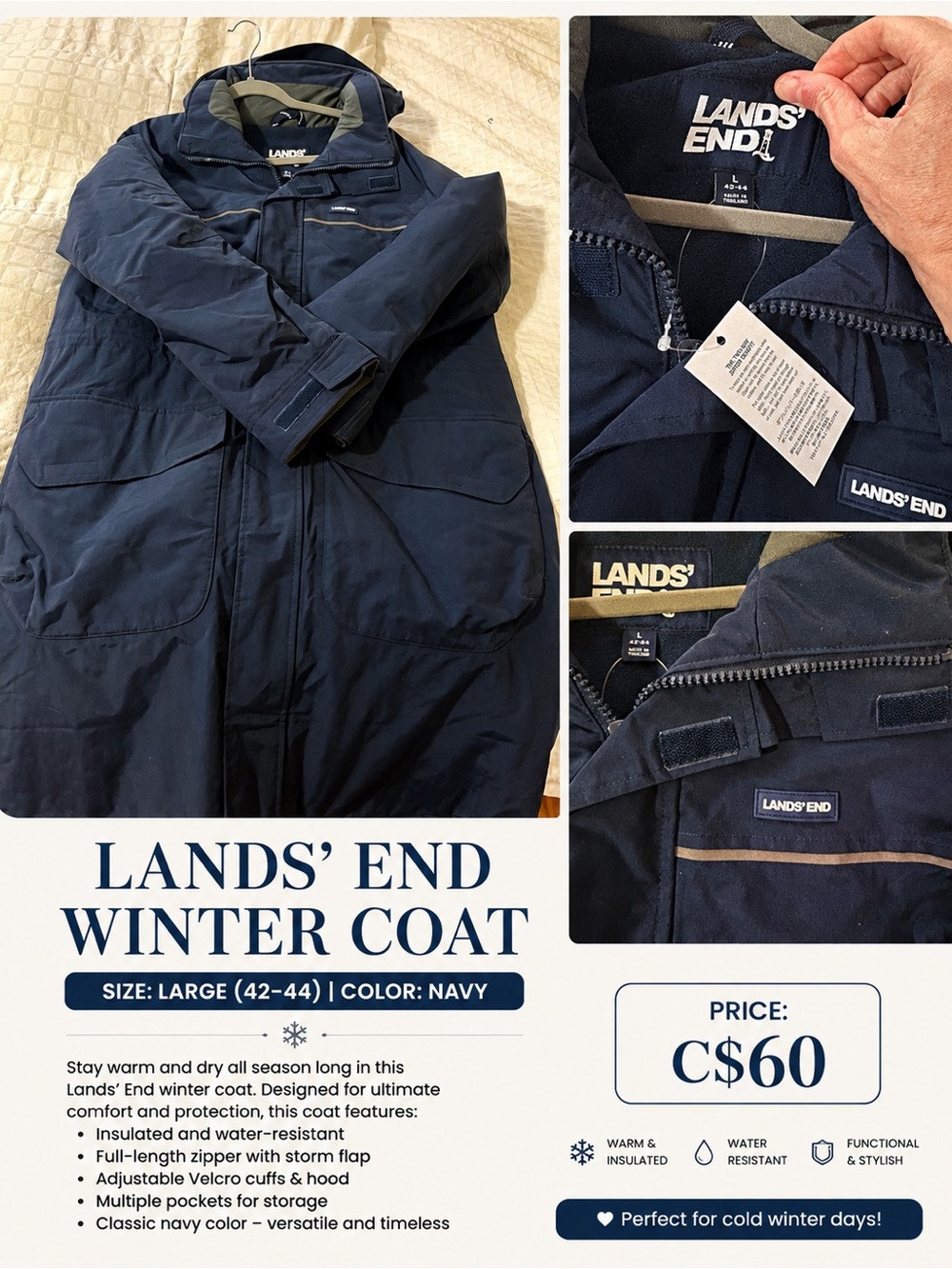 Lands' End Men's Navy Puffer Coat with Hood